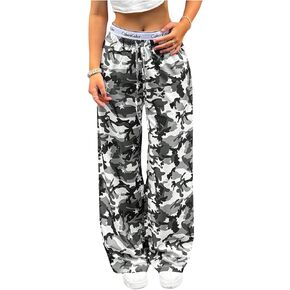 GORGLITTER Women's Y2k Baggy Camo Track Pants Elastic High Waisted Wide Leg Parachute Trousers