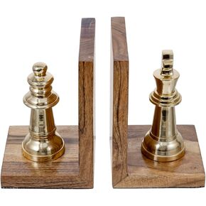 MyGift Decorative Chess Bookends L-Shaped Mango Wood and Brass Tone Metal King and Queen Chess Pieces Design Bookend Shelf Decor - Handcrafted in India