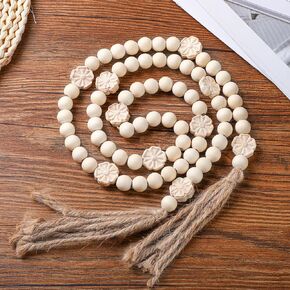 Geelin Wood Bead Garland مع شرابات 59 بوصة مزرعة زهرية منحوتة ديكور ريفي ديكور صلاة بوهو حبات طبيعية معلقة للغرفة ديكور المنزل