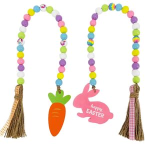 Easter Beads Garland with Tassel, Easter Day Wooden Beads Garland with Colorful Bunny-Shaped Wooden Beads with Jute Rope Plaid Tassel, Farmhouse Rustic Boho Beads Tiered Tray Home Decorations(2 Pack)
