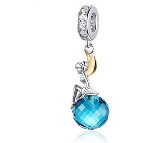Fairy Charm 925 Sterling Silver Feathers Wing Angel Charms Blue Birthstone Charms for Bracelets Charm Bracelet Bead for Women (Blue Crystal Angel Girl)