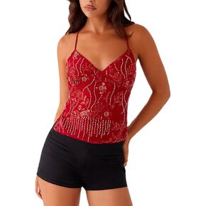 Women Y2K Sequin Cami Top Sexy V Neck Open Back Criss Cross Straps Tank Cute Sparkle Backless Low Cut Summer Crop Tops