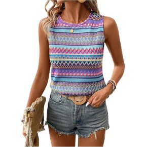 SOLY HUX Women's Summer Boho Tank Tops Geo Print Sleeveless Crewneck Casual Vacation Vest Top Shirts