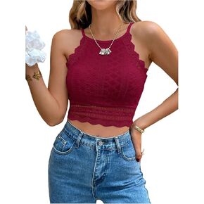 WDIRARA Women's Eyelet Halter Crop Top Lace Embroidery Slim Fitted Tops