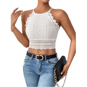 Wdirara Women Women's Halter Crop Top Lace Embroidery Slim Pulted Tops in Saudi Arabia