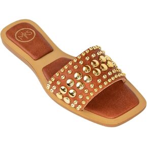 MAKERS SHOES GIA 1 Studded Slide Sandals, Women's Flat Slip-On Sandals with Gold and Silver Metallic Accents, Brown,Black and Clear
