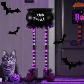 LightsUp Halloween Candy Bowl, Large Witches Cauldron Candy Bowl and Lighted Witch Legs, Trick or Treat Bowl with Timer Function, Candy Holder for Halloween Front Door Porch Outdoor Indoor Decor, 32IN
