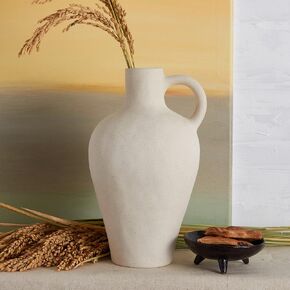 BlossoME Antique Ceramic White Vase for Home Decor, Stoneware Jug for Room Centerpiece, Rustic, Farmhouse and Vintage Pottery Gifts, Matte, with Handle-Height 10"