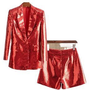 Womens Sequins Blazer Shorts Suit Set 2 PC Single Breasted Womens Glitter Suit Notch Lapel Prom Party Suit