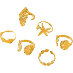6PCS Gold Seashell Rings Beach Surfer Starfish Dainty Seashell Chunky Open Wave Stacking Rings Summer Jewelry for Women