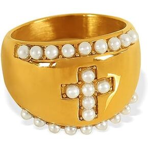 Kokoma Cross Chunky Ring for Women Men Pearl Cross Dome Blod Statement Ring Thick Finger Bands Stacking Rings Thumb Band Fashion Jewlery