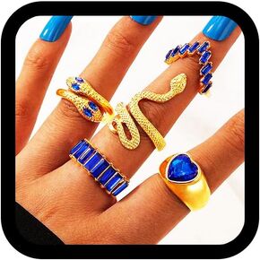 GRAEEN Gold Snake Ring Set Royal Blue Crystal Heart Ring Stackable Vintage Jewelry Rings for Women