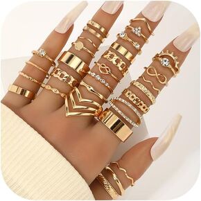 Gold Knuckle Rings Set for Women, Dainty Stackable Midi Rings Simple Stacking Joint Finger Rings Pack Adjustable Shiny Crystal Cute Pearl Butterfly Heart Rings Mixed Size