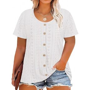 Ritera Plus Size Tops for Women Crewneck Neck with button Up Short Sleeve Embroidery Henley Tshirt discual basic shirt xl-5xl