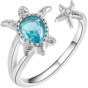 Turtle Ring for Women Cute Adjustable Open Ring Sparkly Rhinestones Animal Ring Metal Sea Turtle Starfish Statement Rings Blue Ocean Beach Thumb Finger Rings Birthday Christmas Jewelry Gift