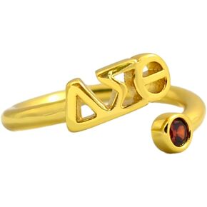 Sorority Shop Delta Sigma Theta Ring- 18k Gold-Plated Wraparound Ring with Garnet Gemstone and Delta Sigma Theta Greek Letters, Sorority Jewelry Gift