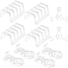 8 pack Acrylic China Dinnerware Display Stand 4 Pcs 4 Tiers Clear Plate Dish Platters Setting Holder and 4 Pcs Tea Cup Saucer Stand for Kitchenware Tableware Display Organizer