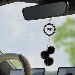 BELOMI Bling Heart Car Hanging Accessories, Crystal Rhinestone Vehicle Rearview Hanging Ornament Pendant with Fuzzy Plush Ball, Lucky Auto Rear View Mirror Charms, Universal for Most Cars (Black)