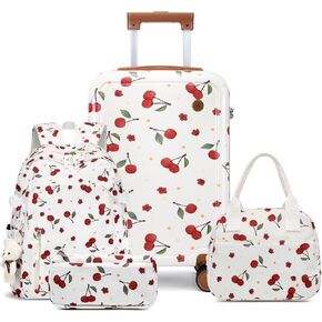 Somago 4 Piece Kid's Luggage with Backpack Set for Boys Girls Spinner 18" Hardside PC Rolling Carry on Suitcase with TSA Lock, Cherry White