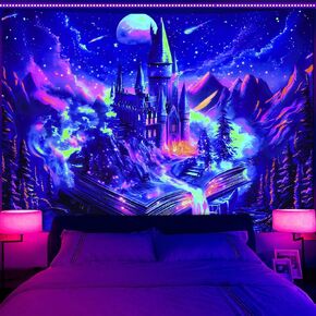 Invoibler Blacklight Castle Tapestry UV reactive Tapestry Magic Tapestries Fantasy Tapestry Dream Forest Castle Landscape Wall Hanging for Bedroom Home(51.2 x 59.1 inches)