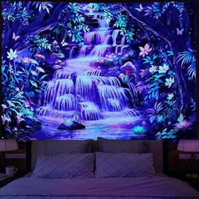 Amonercvita Blacklight Waterfall Tapestry Galaxy Space Tapestries UV Reactive Neon Fantasy Forest Tapestries Colorful Floral Plants Tapestry Wall Hanging for Home Decor