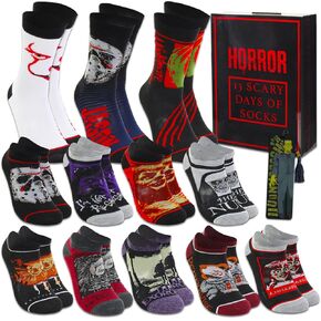 مجموعة Socks Movie Socks Warner Bros Pictures - حزمة مع 13 زوجًا من جوارب أفلام الرعب التي يضم Pennywise ، الجمعة 13th ، Annabelle ، More Plus ملصقات | جوارب أفلام الرعب للرجال والنساء