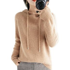 Womens Cashmere with Pullovers,Winter Casual Knitting Hoodie Fashion Sweater,Fall Drawstring Thick Sweater
