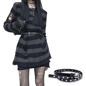 Goth Y2K Striped Sweater with Belt Ripped Punk Gothic Long Sweaters for Women Grunge Distressed Halloween Pullover Tops in Saudi Arabia