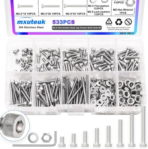 mxuteuk 480PCS M2.5 Screw Assortment Set,M2.5 x 4/6/8/10/12/16/20/25mm Hex Socket Head Cap Screws Bolts Nuts Kit,304 Stainless Steel Assorted Screws with Hex Wrench G035-M2.5 in Saudi Arabia
