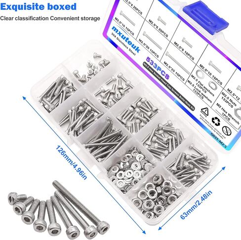 mxuteuk 480PCS M2.5 Screw Assortment Set,M2.5 x 4/6/8/10/12/16/20/25mm Hex Socket Head Cap Screws Bolts Nuts Kit,304 Stainless Steel Assorted Screws with Hex Wrench G035-M2.5 in Saudi Arabia