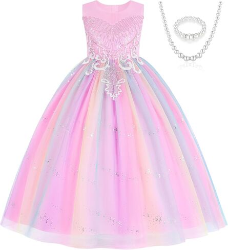 Girls' Sleeveless Party Dress with Pearl Necklace - for Birthday, Flower Girl, Wedding and Special Occasion Party in Kuwait