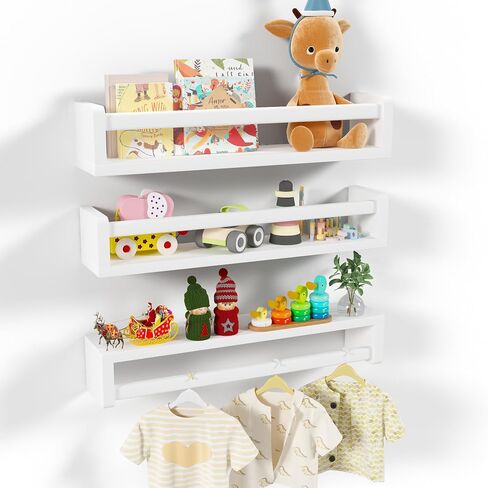 Nursery Floating Shelves, White Nursery Book Shelves for Wall, 16 inch Wall Bookshelf for Kids Solid Wood Wall Mounted Shelves for Books,Toys and Decor Storage, Set of 2 in Kuwait