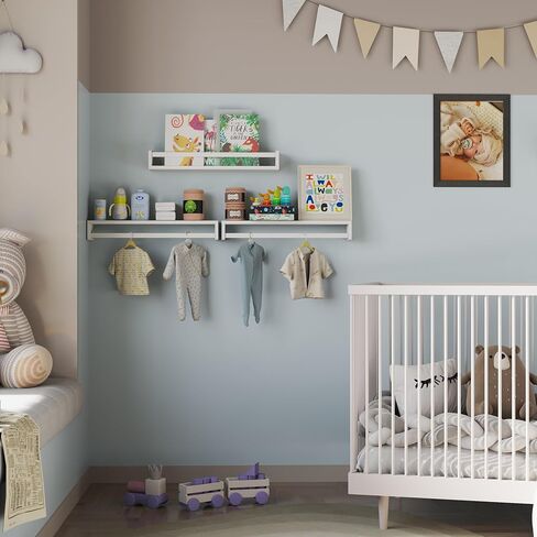 Nursery Floating Shelves, White Nursery Book Shelves for Wall, 16 inch Wall Bookshelf for Kids Solid Wood Wall Mounted Shelves for Books,Toys and Decor Storage, Set of 2 in Kuwait