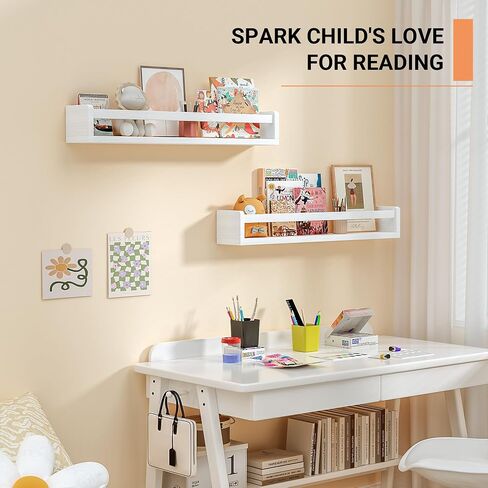 Nursery Floating Shelves, White Nursery Book Shelves for Wall, 16 inch Wall Bookshelf for Kids Solid Wood Wall Mounted Shelves for Books,Toys and Decor Storage, Set of 2 in Kuwait