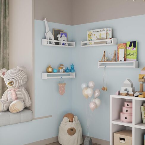 Nursery Floating Shelves, White Nursery Book Shelves for Wall, 16 inch Wall Bookshelf for Kids Solid Wood Wall Mounted Shelves for Books,Toys and Decor Storage, Set of 2 in Kuwait