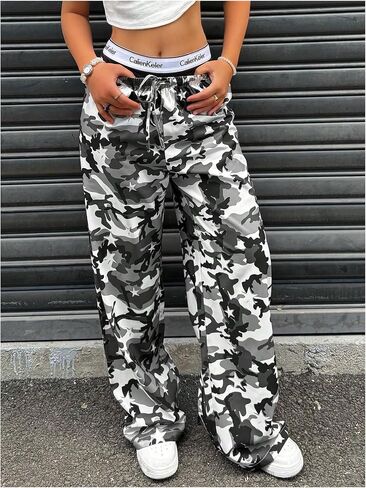 Gorglitter Women's Y2K Baggy Camo Track Pants مرنة عالية الخصر ساق الساق in Saudi Arabia