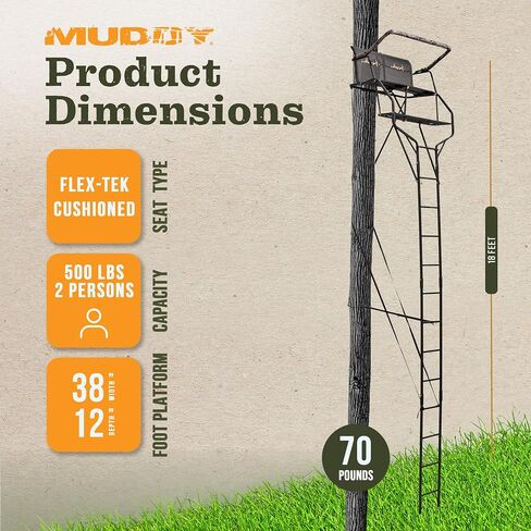 Muddy Double Droptine Deer Hunting Ladderstand, 2 Person | Climbing Tree Stand with Flex-Tek Seat and Padded Adjustable Shooting Rail in Kuwait
