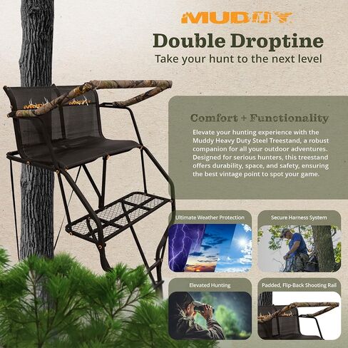 Muddy Double Droptine Deer Hunting Ladderstand, 2 Person | Climbing Tree Stand with Flex-Tek Seat and Padded Adjustable Shooting Rail in Kuwait