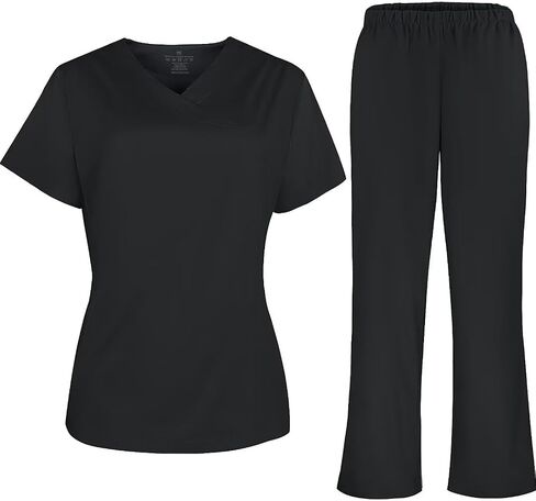 Scrubs for Women Set, Medical Uniform V-Neck Stretch Top & Straight Pants,Elastic Waistband,4 Pockets in Saudi Arabia