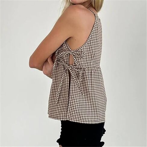Women Tie Side Tank Top Sleeveless Split Peplum Coquette Shirt Plaid Trendy Going Out Summer Tops Y2k Streetwear in Saudi Arabia