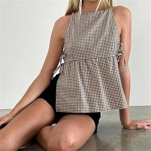 Women Tie Side Tank Top Sleeveless Split Peplum Coquette Shirt Plaid Trendy Going Out Summer Tops Y2k Streetwear in Saudi Arabia