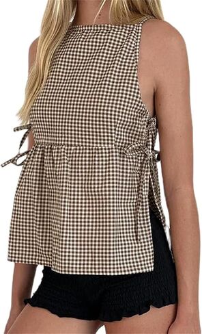 Women Tie Side Tank Top Sleeveless Split Peplum Coquette Shirt Plaid Trendy Going Out Summer Tops Y2k Streetwear in Saudi Arabia