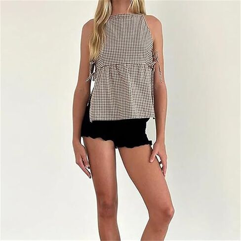 Women Tie Side Tank Top Sleeveless Split Peplum Coquette Shirt Plaid Trendy Going Out Summer Tops Y2k Streetwear in Saudi Arabia