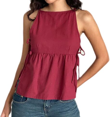 Women Tie Side Tank Top Sleeveless Split Peplum Coquette Shirt Plaid Trendy Going Out Summer Tops Y2k Streetwear in Saudi Arabia
