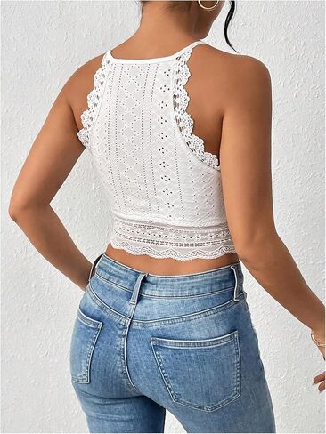 WDIRARA Women's Eyelet Halter Crop Top Lace Embroidery Slim Fitted Tops in Saudi Arabia