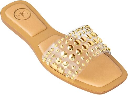 MAKERS SHOES GIA 1 Studded Slide Sandals, Women's Flat Slip-On Sandals with Gold and Silver Metallic Accents, Brown,Black and Clear in Kuwait