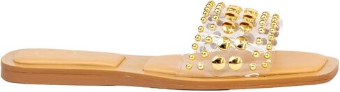 MAKERS SHOES GIA 1 Studded Slide Sandals, Women's Flat Slip-On Sandals with Gold and Silver Metallic Accents, Brown,Black and Clear in Kuwait