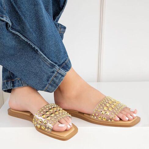 MAKERS SHOES GIA 1 Studded Slide Sandals, Women's Flat Slip-On Sandals with Gold and Silver Metallic Accents, Brown,Black and Clear in Kuwait