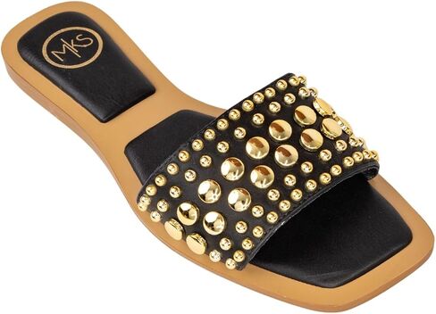 MAKERS SHOES GIA 1 Studded Slide Sandals, Women's Flat Slip-On Sandals with Gold and Silver Metallic Accents, Brown,Black and Clear in Kuwait