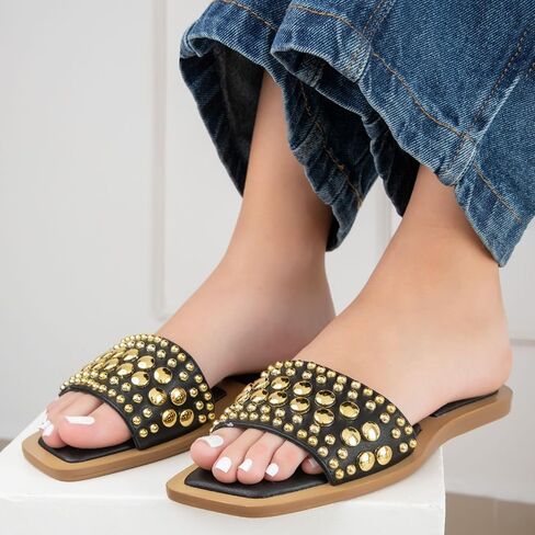 MAKERS SHOES GIA 1 Studded Slide Sandals, Women's Flat Slip-On Sandals with Gold and Silver Metallic Accents, Brown,Black and Clear in Kuwait